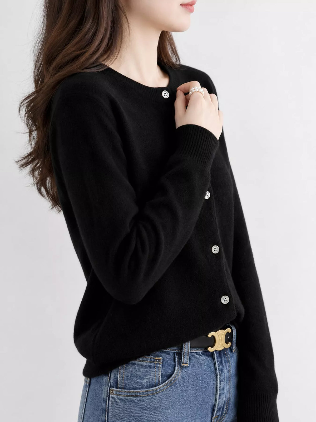 Crew-Neck Button-Down Cardigan - Black - View 17