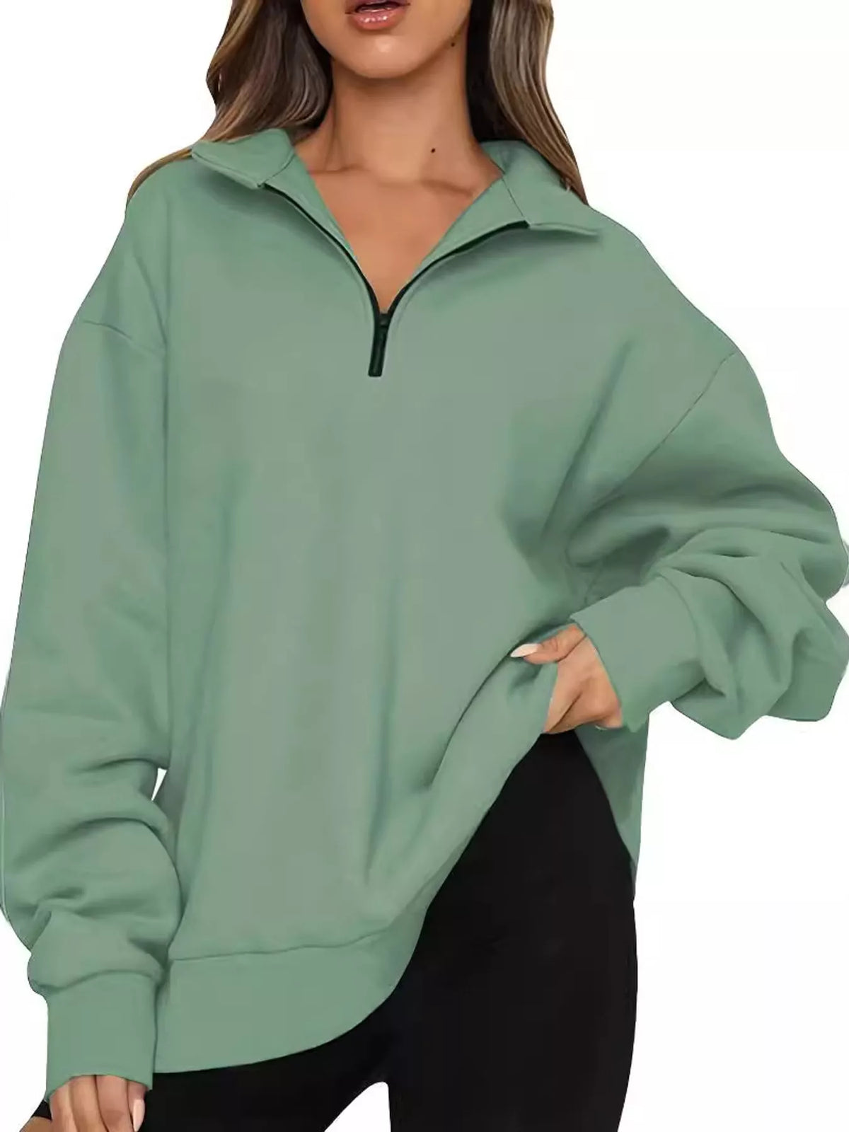 Full Size Quarter-Zip Dropped Shoulder Sweatshirt Plus Size - Light Green - View 15