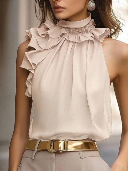 Ruffle High Neck Sleeveless Top - Apricot - View 1