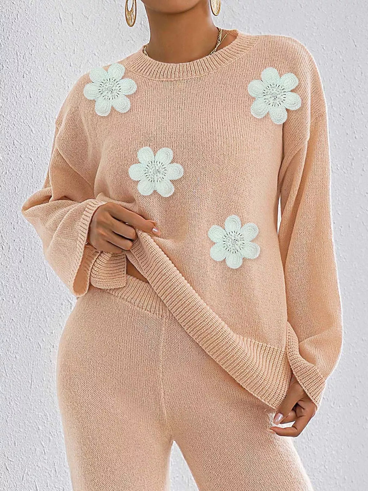 Floral Applique Crew Neck Sweater - Khaki - View 2