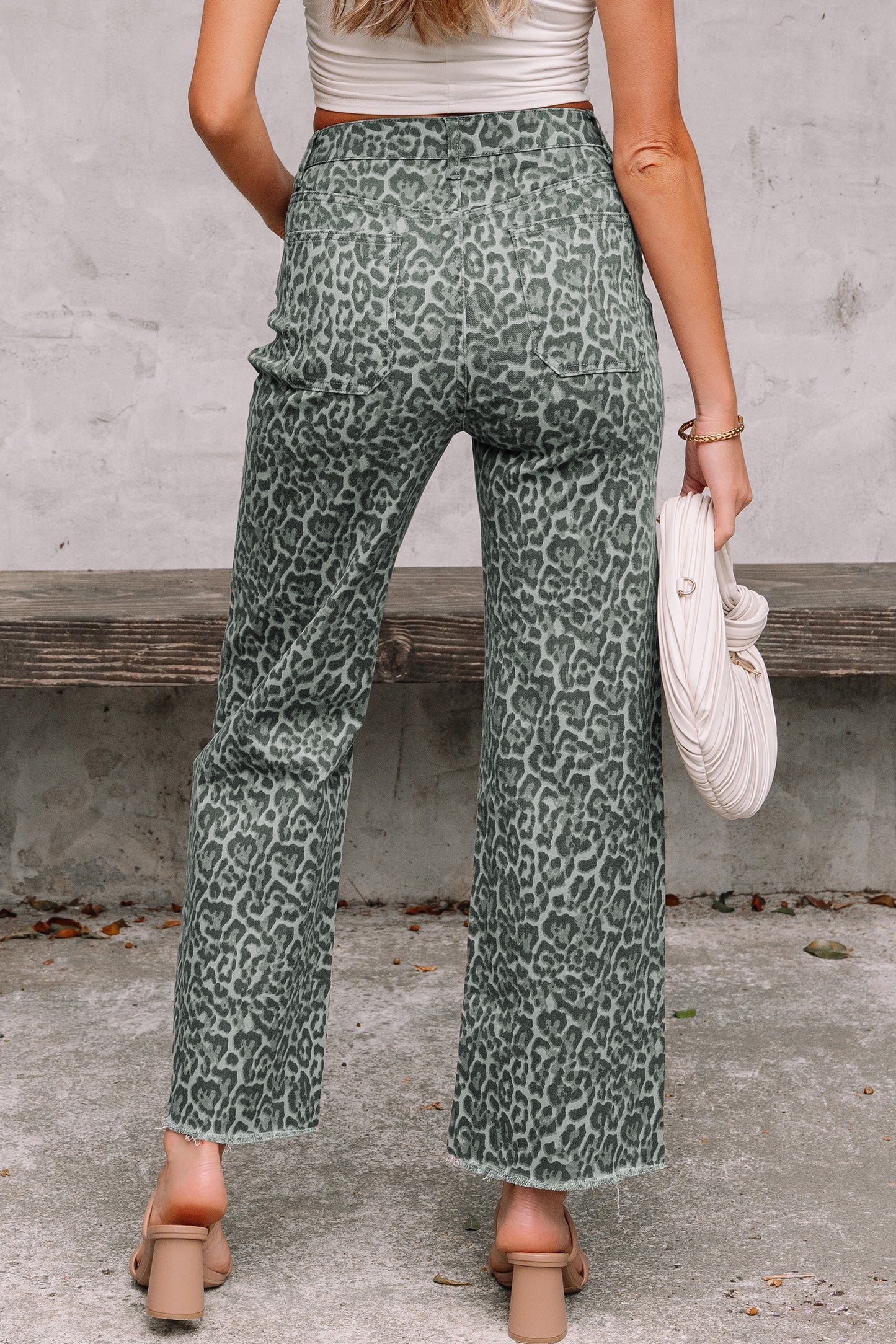 Gray Leopard Frayed Edge Wide Leg High Waist Jeans