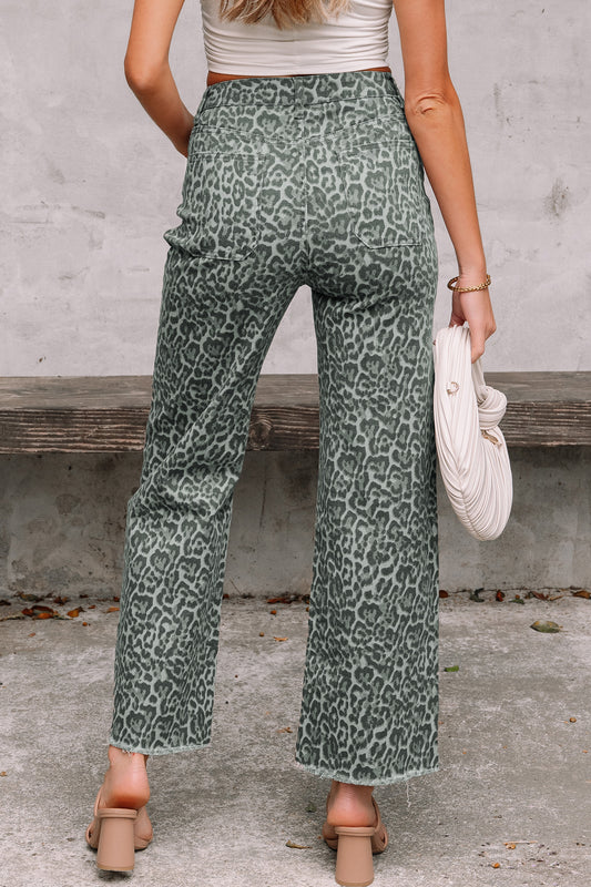 Gray Leopard Frayed Edge Wide Leg High Waist Jeans - Gray - 2
