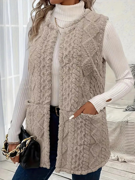 Sherpa Open Front Vest Coat - Light Gray - View 2