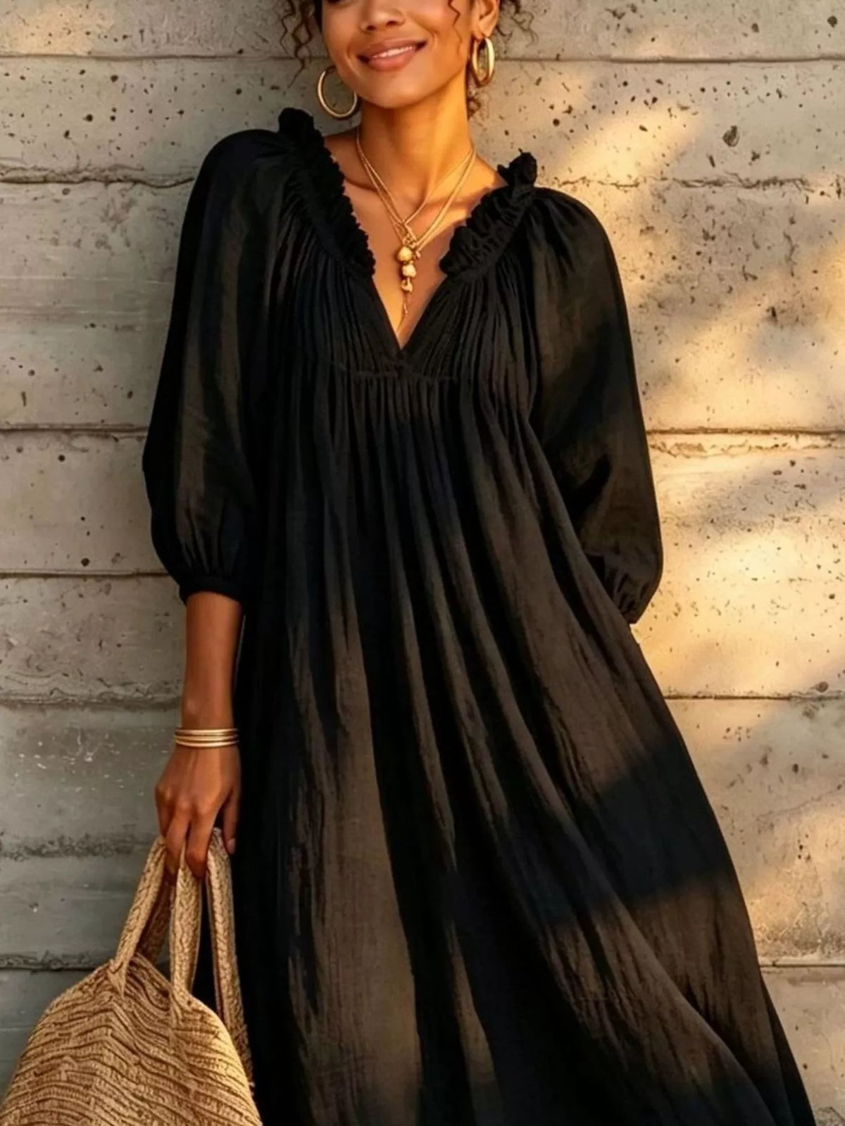 Tiered Notched 3/4 Sleeve Maxi Dress - Black - View 2
