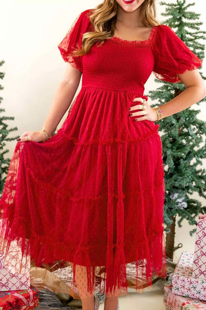 Swiss Dot Tulle Smocked Midi Dress - Red - View 3