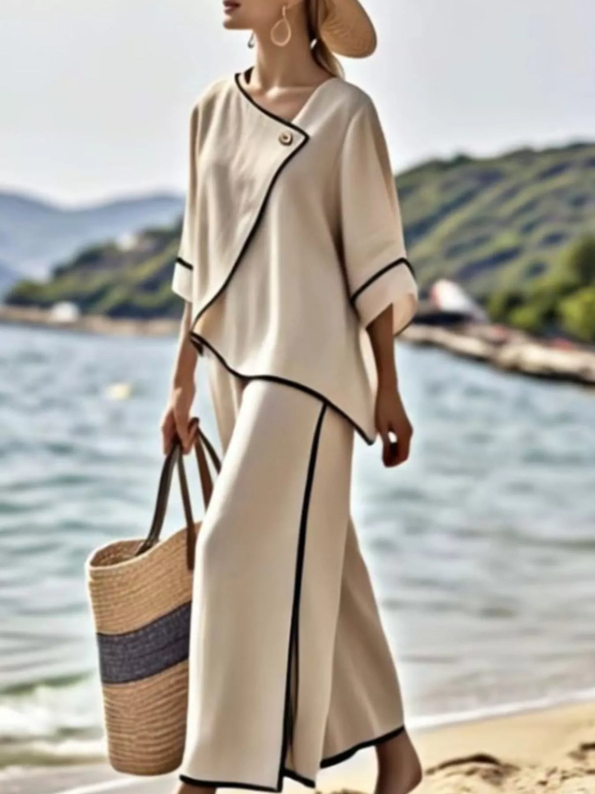 Full Size Contrast Trim Top and Wide Leg Pants Set Plus Size - Khaki - View 1