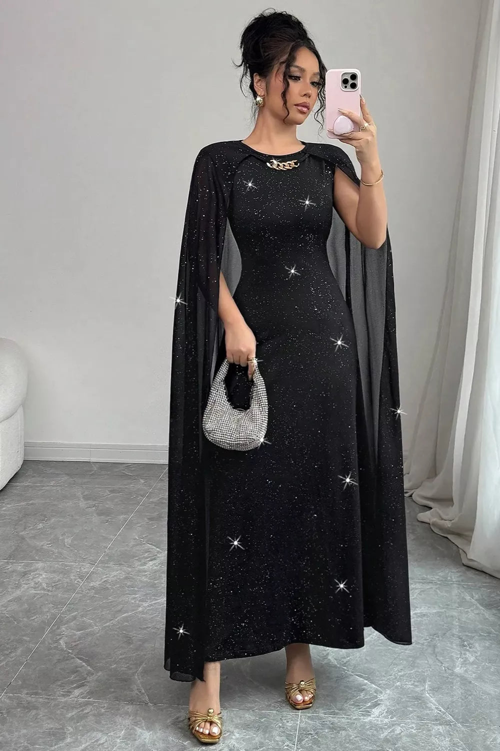 Glitter Cape-Sleeve Maxi Dress - Black - View 3
