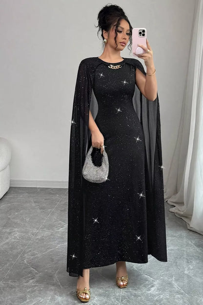 Glitter Cape-Sleeve Maxi Dress - Black - View 3