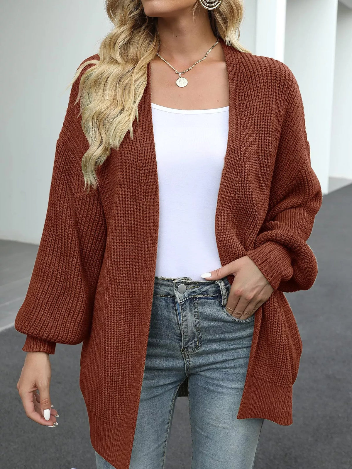 Chunky Knit Open Front Cardigan with Lantern Sleeves - Brown - View 10