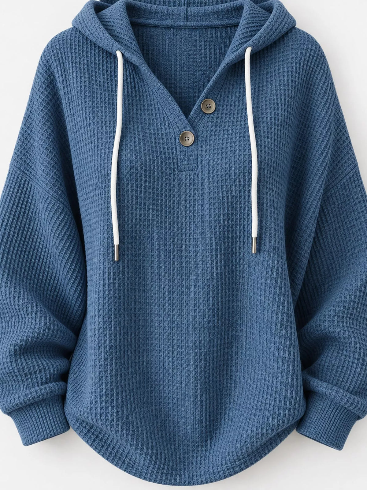 Full Size Waffle Knit Button Detail Hoodie Plus Size - Navy Blue - View 49
