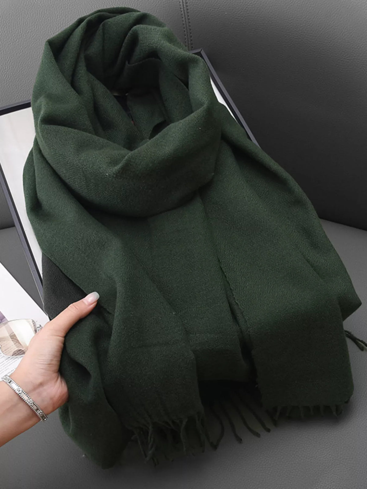 Solid Color Fringe Scarf - Dark Green - View 17