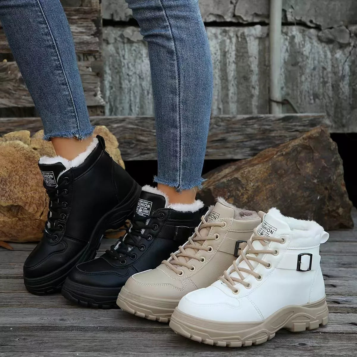 Lace-Up Ankle Boots with Buckle Detail - All Colors - View 1