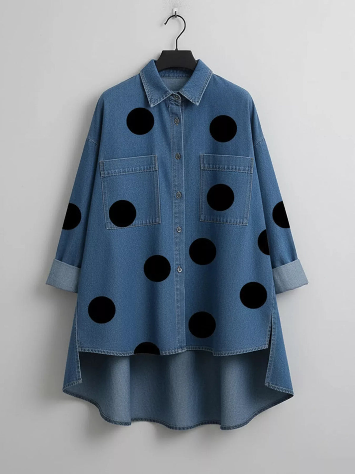Full Size Polka Dot Oversized Denim Look Shirt Plus Size - Navy - View 3