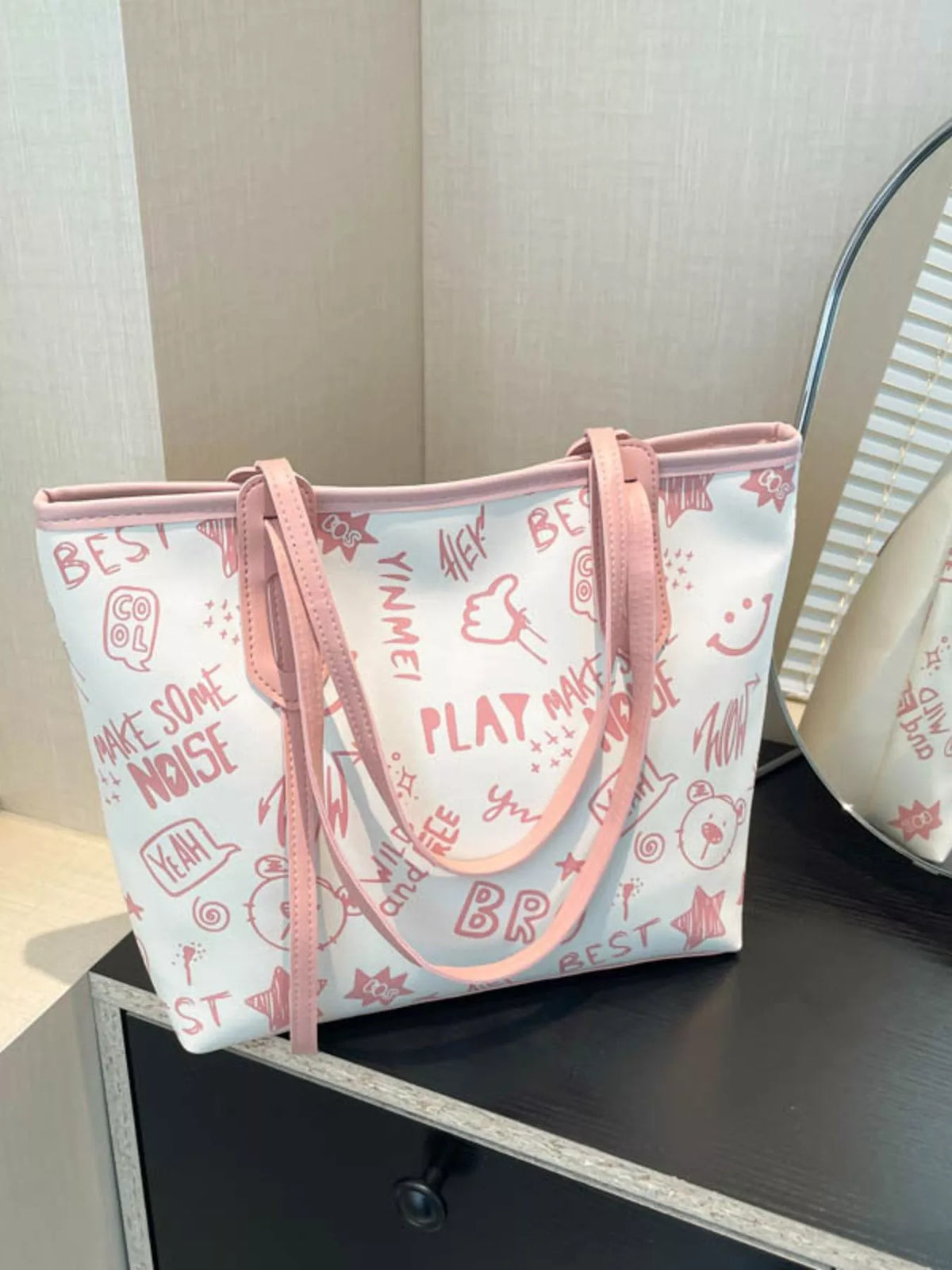 Graffiti Print Casual Tote Bag - Pink - View 8