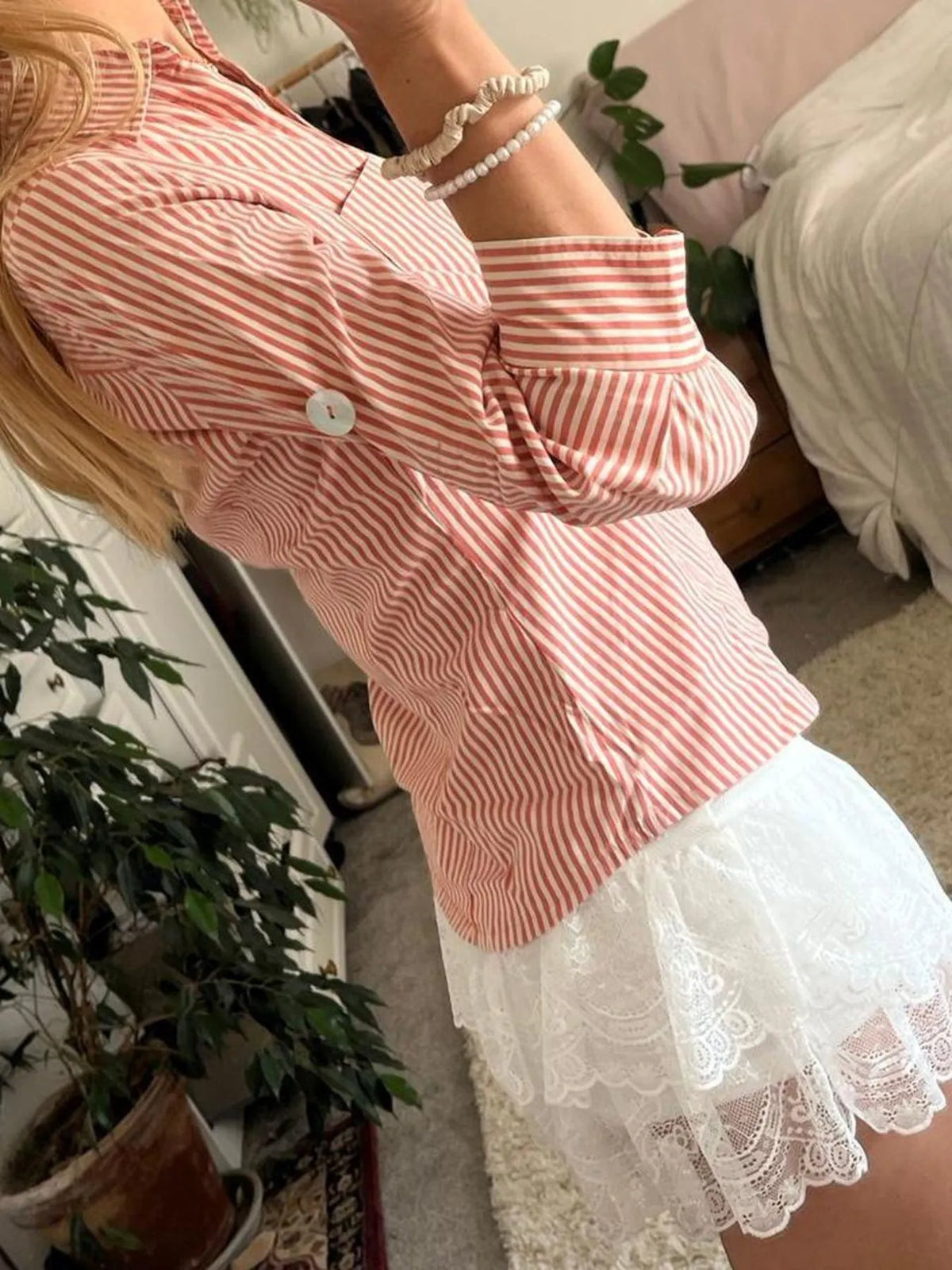 Collared Neck Button-Down Shirt - Orange - View 3