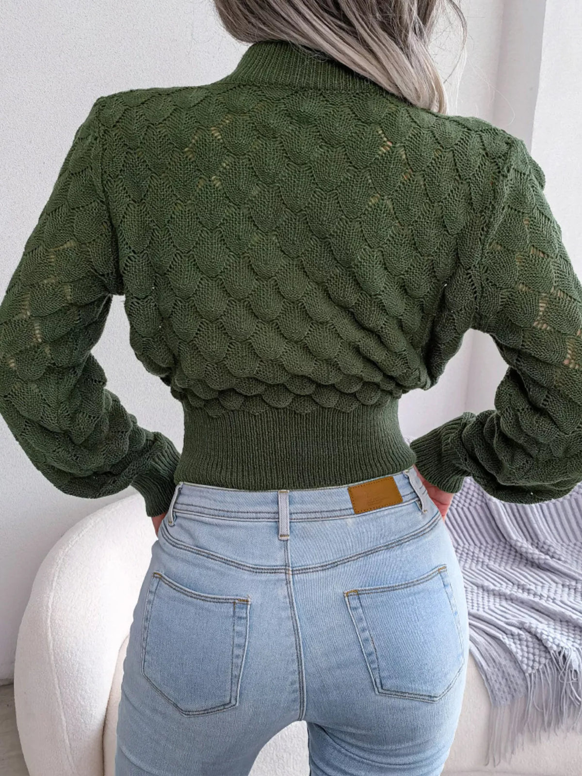 Mock Neck Textured Cropped Sweater - Dark Green - View 6