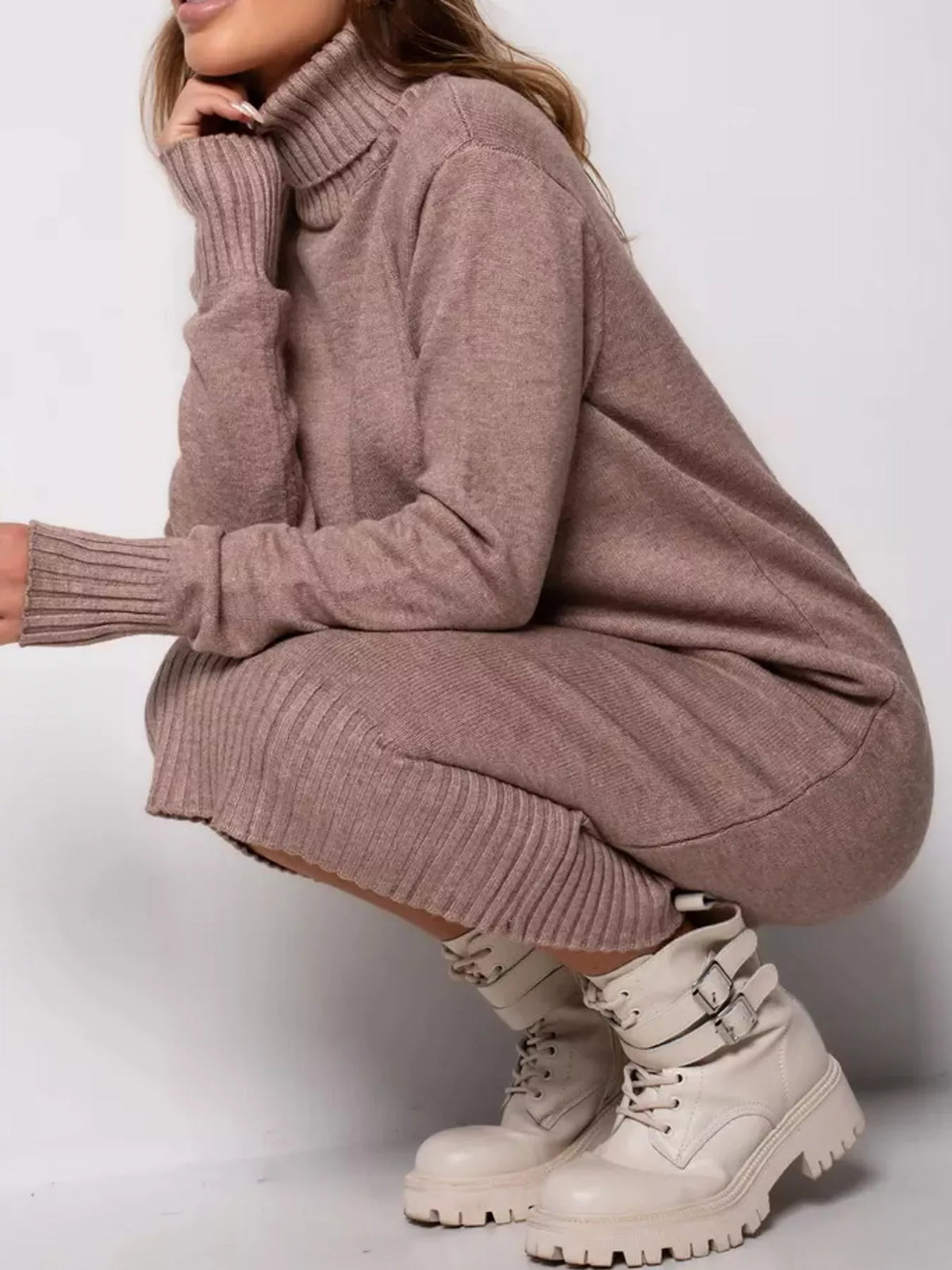 Turtleneck Ribbed Knit Sweater Dress - Camel - View 20