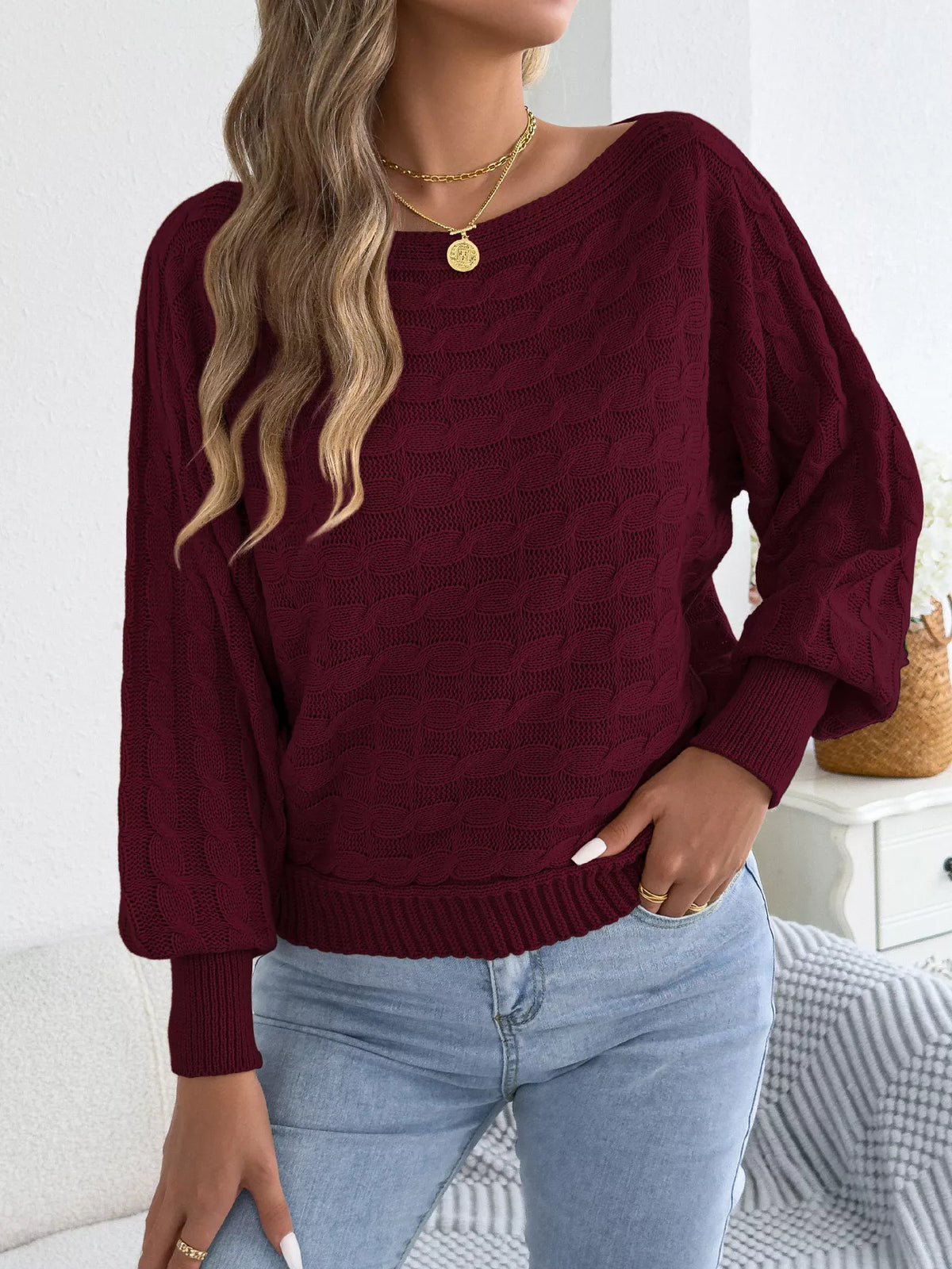 Cable Knit Boat Neck Sweater - Burgundy - View 3