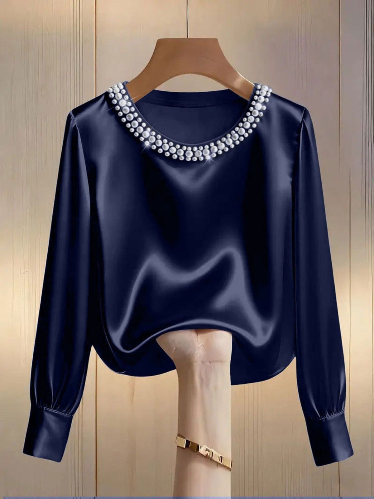 Pearl Trim Round Neck Satin Blouse - Dark Blue - View 13