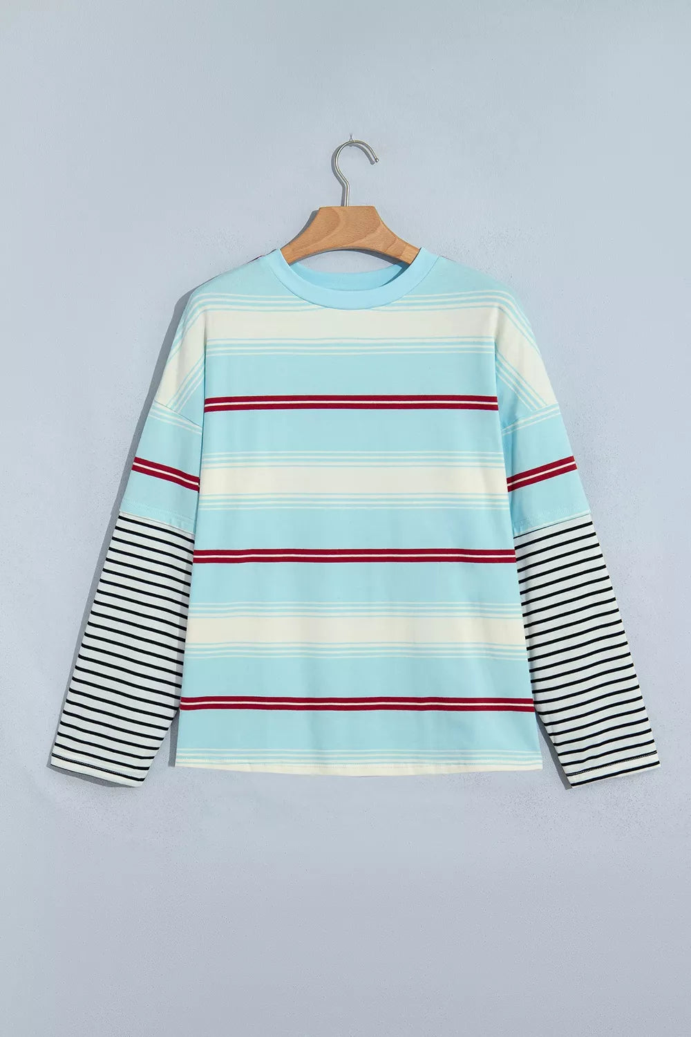 Stripe Casual Striped Patchwork Long Sleeve Loose Pullover Top - Pastel  Blue - View 2