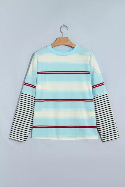 Stripe Casual Striped Patchwork Long Sleeve Loose Pullover Top - Pastel  Blue - View 2