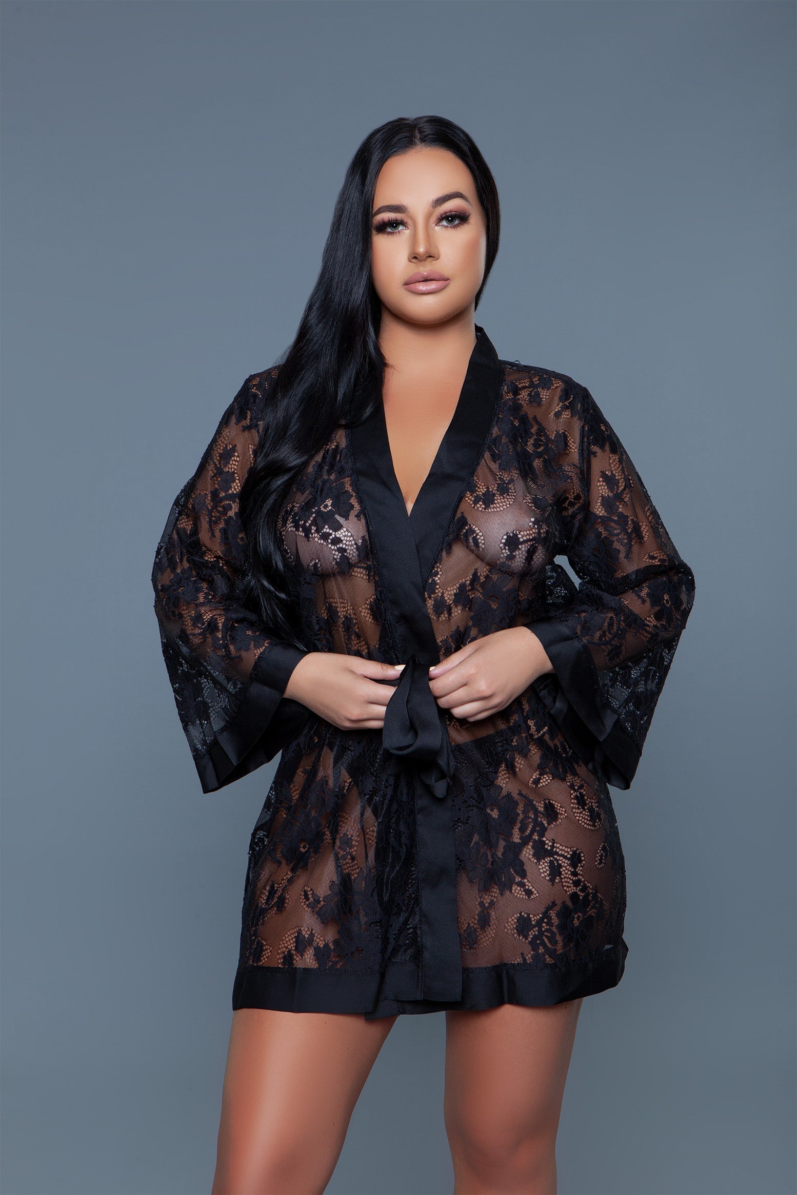 Delia Robe Floral Lace Robe with Satin Trimming, styled view