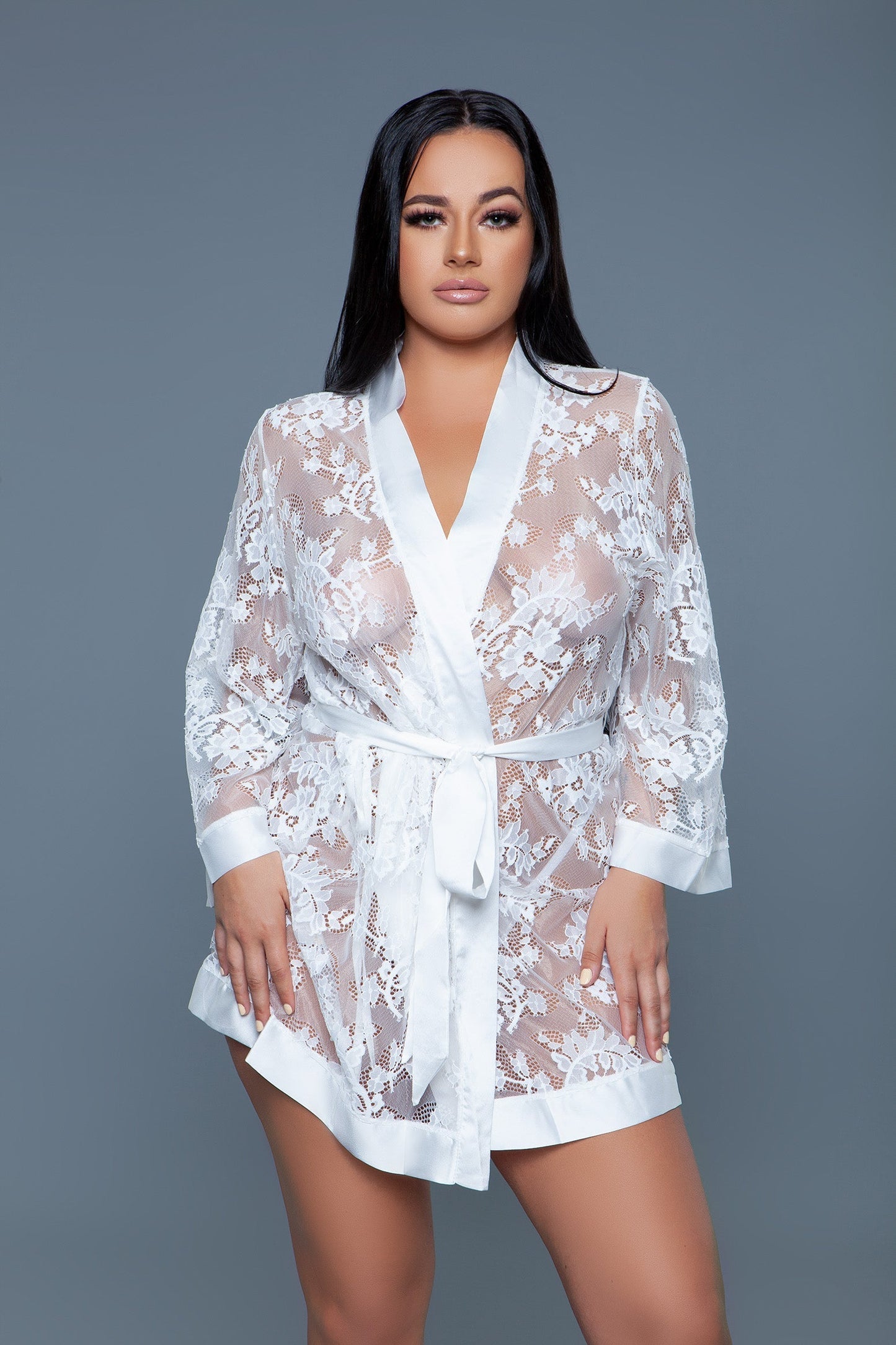Delia Robe Floral Lace Robe with Satin Trimming, side view
