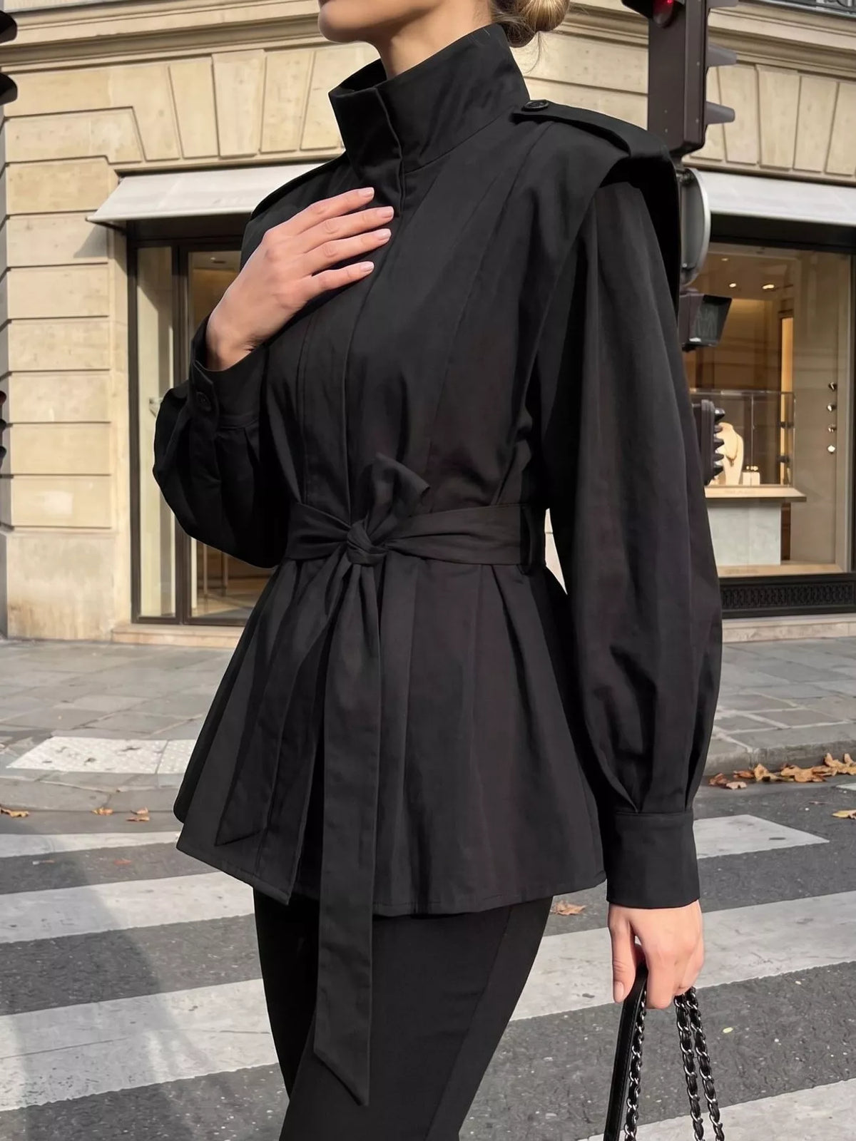 Stand-Collar Belted Outerwear - Black - View 2