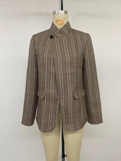Plaid Single-Button Blazer - Mocha - View 11