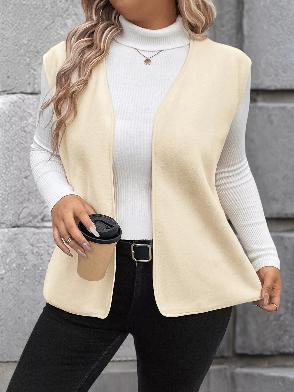 Full Size Open Front Vest Coat Plus Size - Apricot - View 10