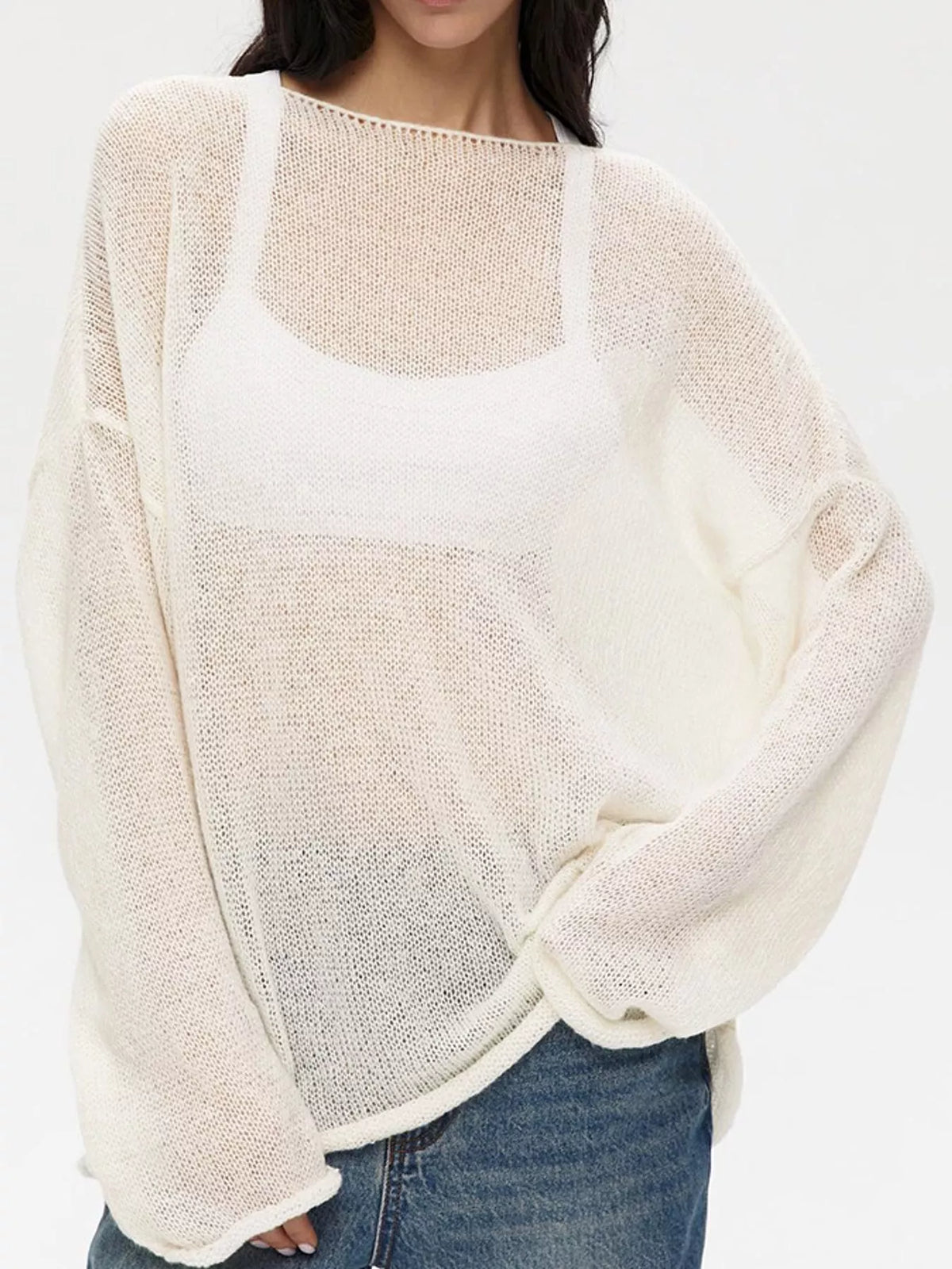 Lightweight Dropped Shoulder Knit Cover Up - Off White - View 17