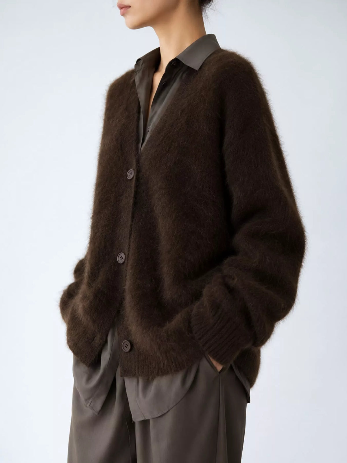 Fuzzy V-Neck Button-Down Cardigan - Coffee - View 20