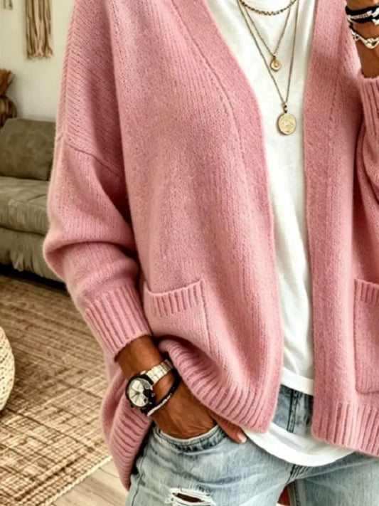 Open Front Knit Cardigan with Pockets - Pink - View 2