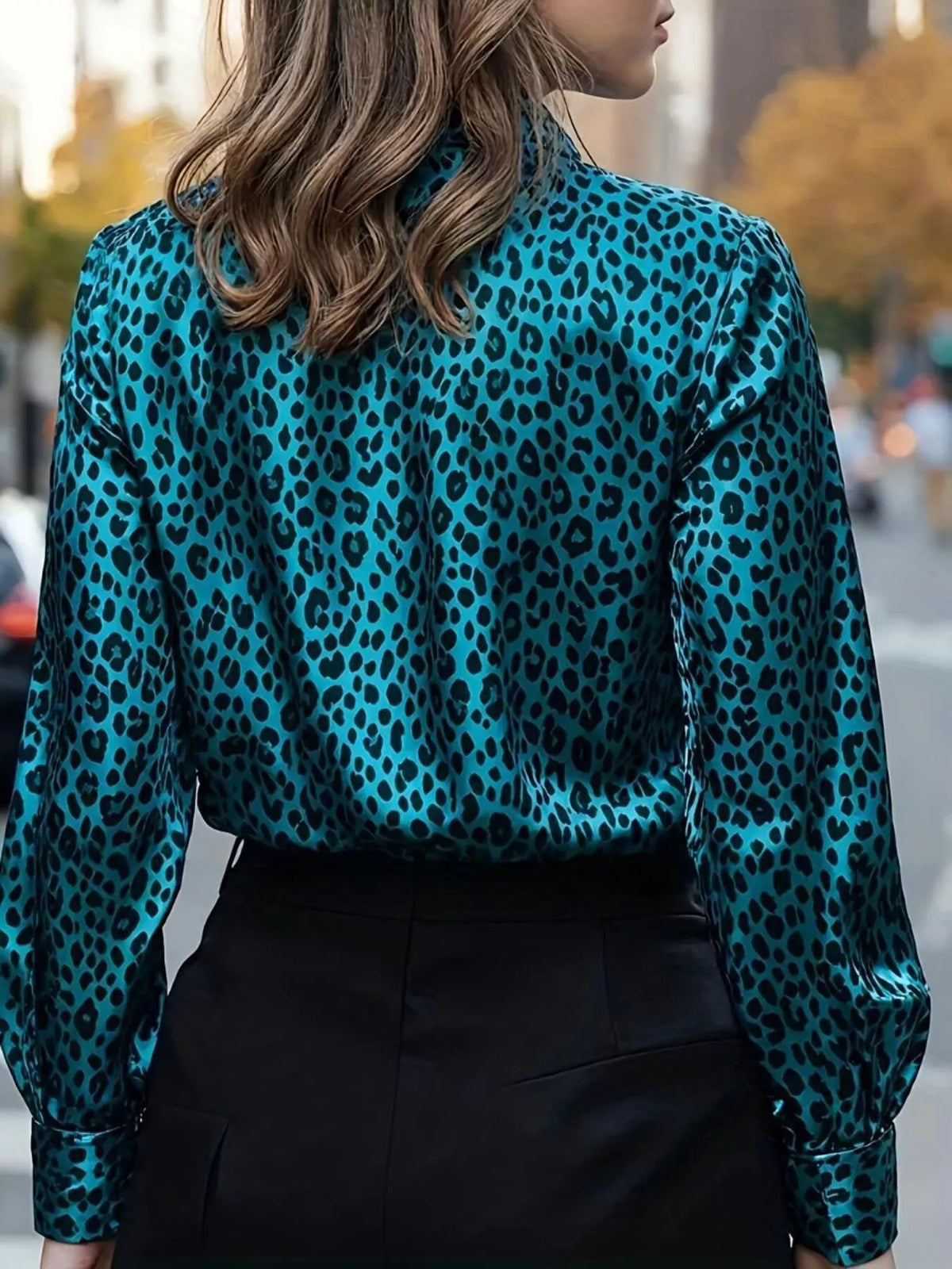 Leopard Button Up Long Sleeve Shirt - Sky Blue - View 8