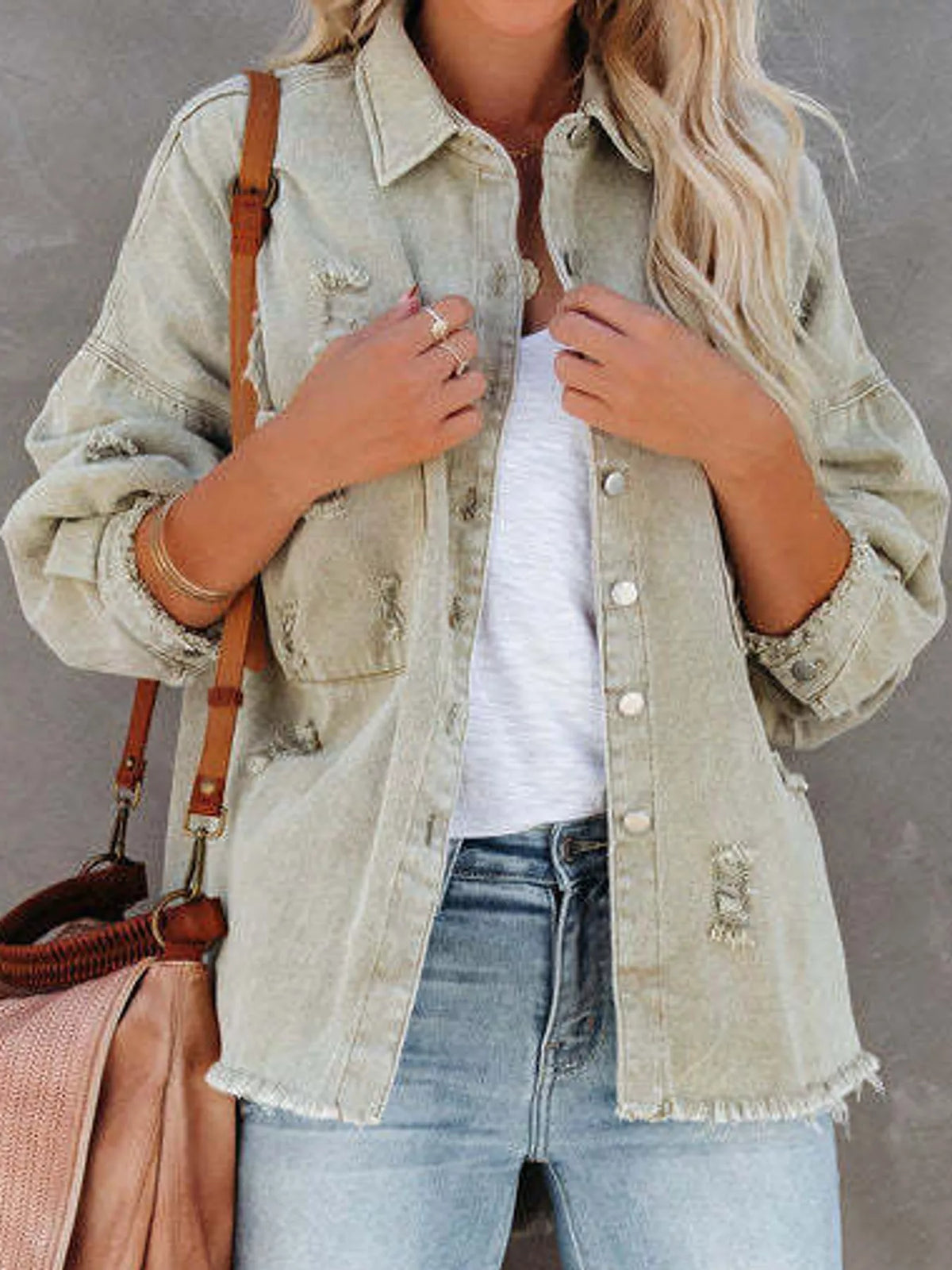 Distressed Raw Hem Denim Jacket - Matcha Green - View 3