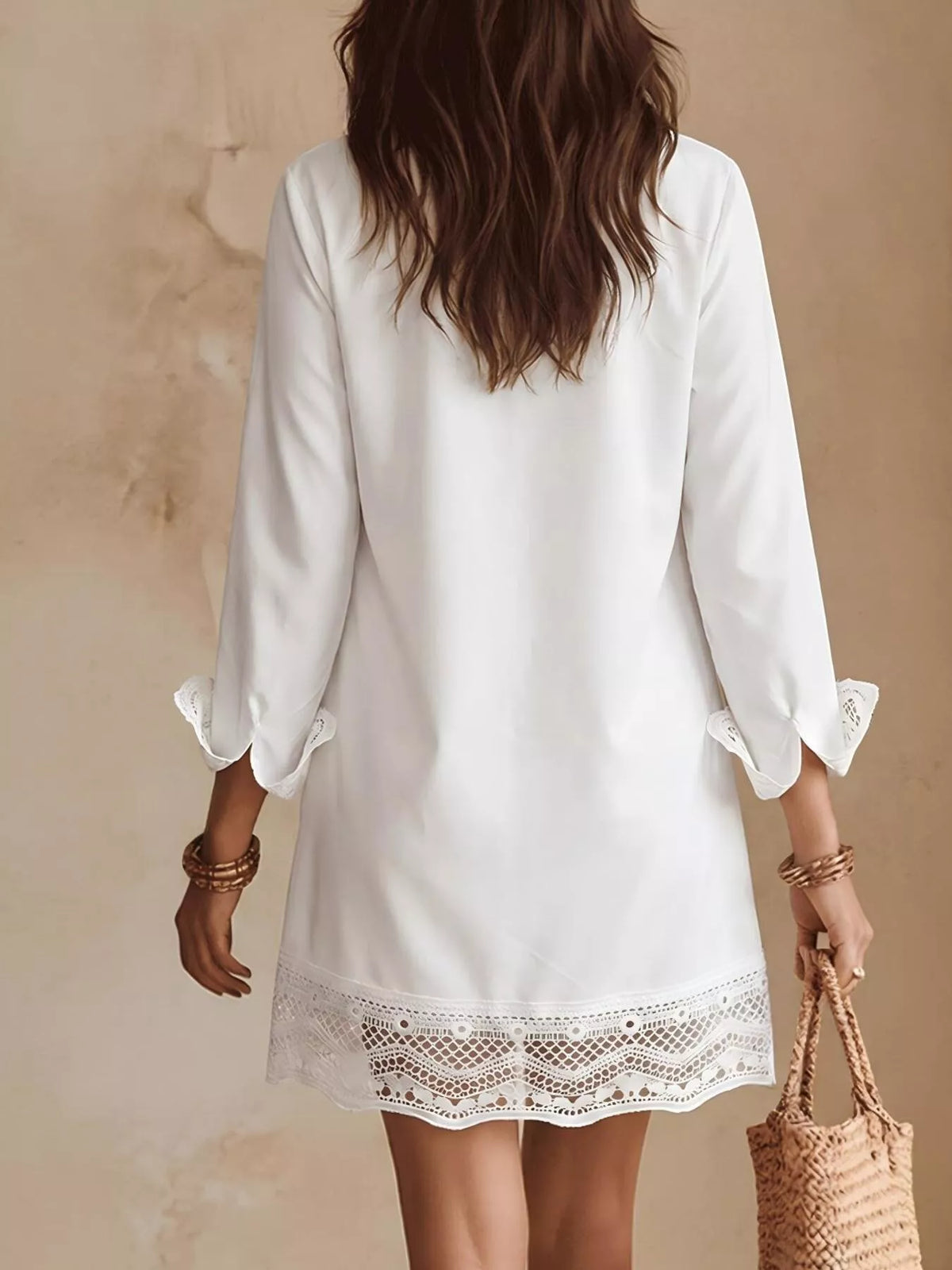 Button-Down Shirt Dress with Lace Trim - White - View 3