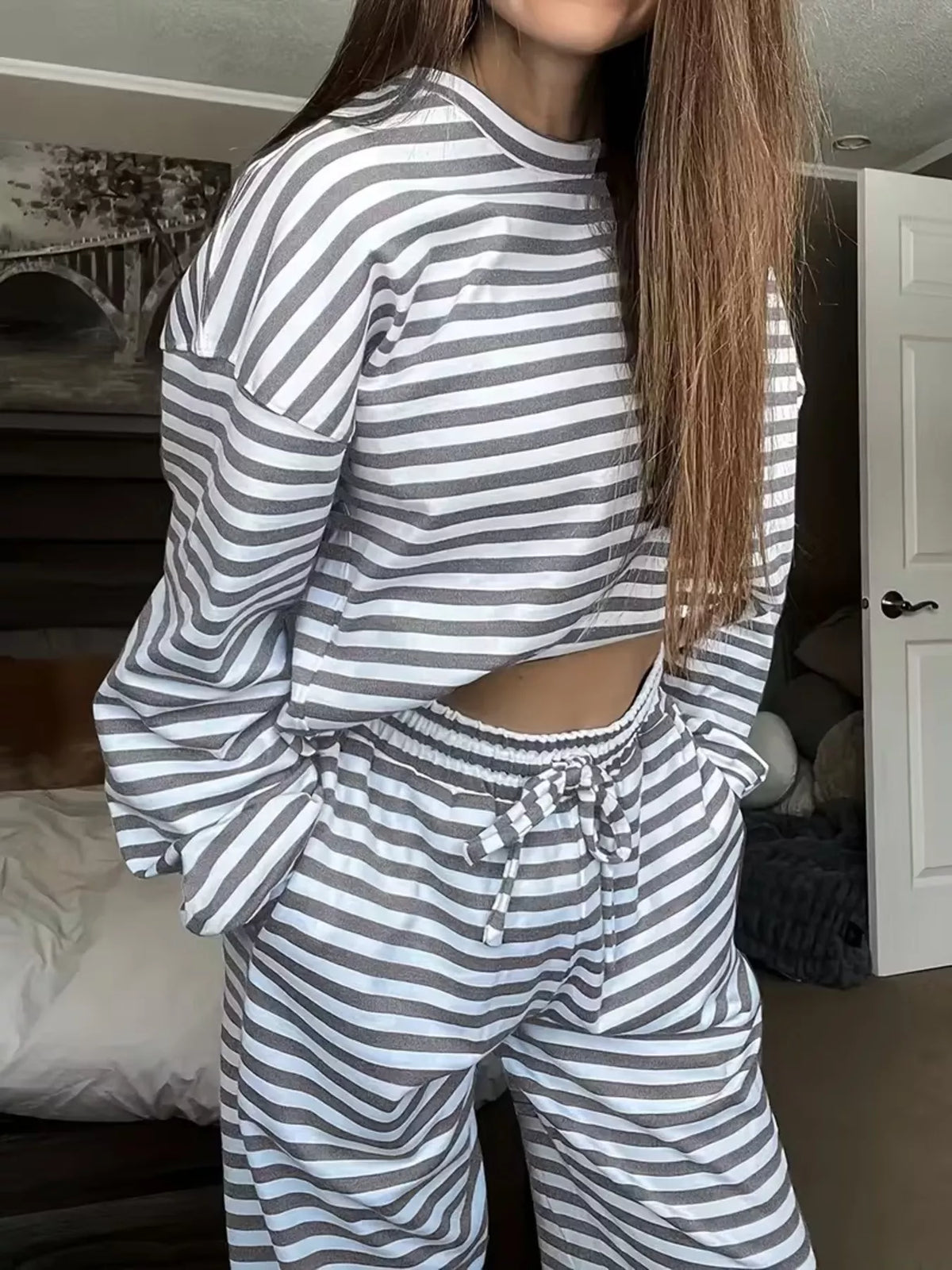 Striped Long Sleeve Top and Pants Set - Gray - View 2