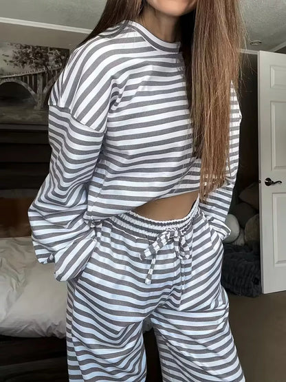 Striped Long Sleeve Top and Pants Set - Gray - View 2