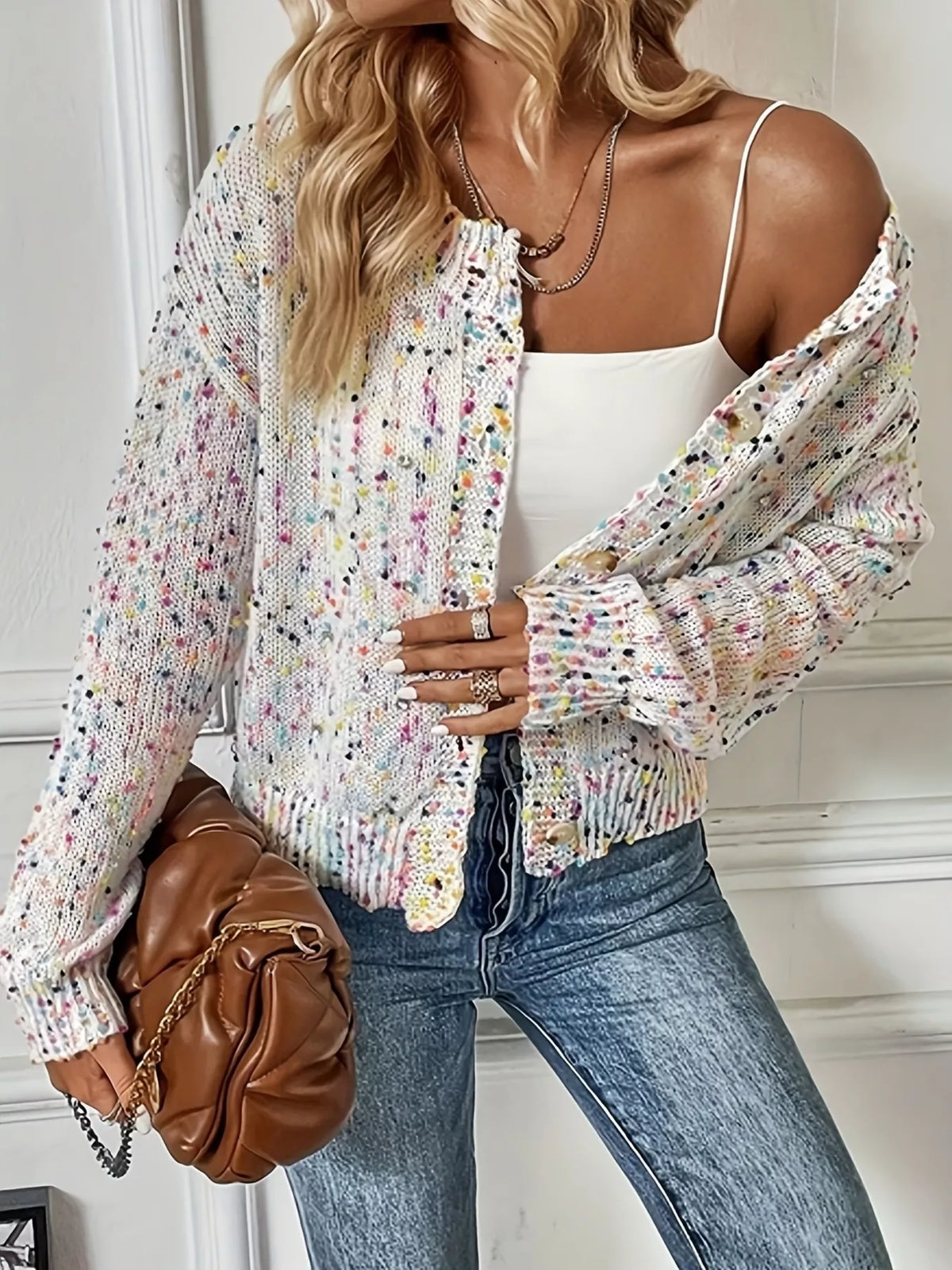 Textured Knit Button-Up Cardigan - White - View 2