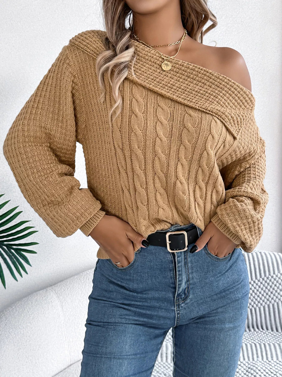 One Shoulder Cable Knit Sweater - Camel - View 4