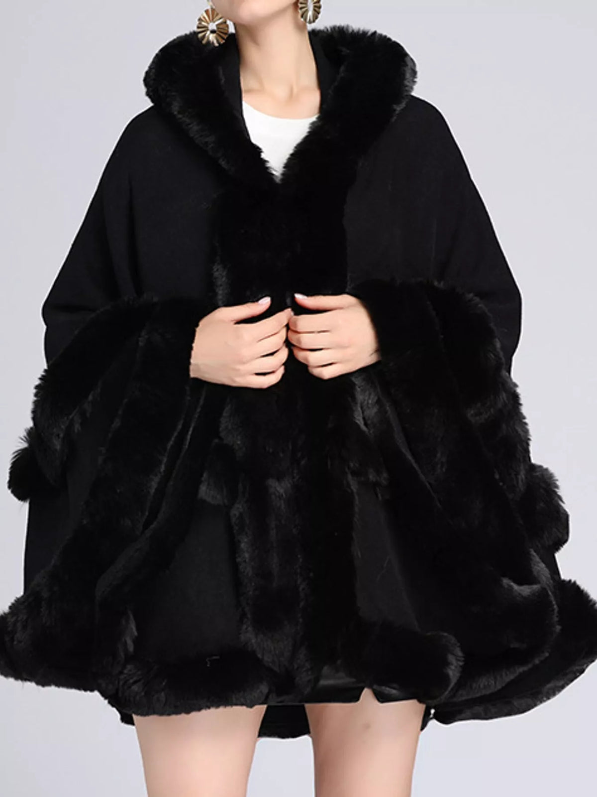 Faux Fur Trimmed Hooded Cape - Black - View 12