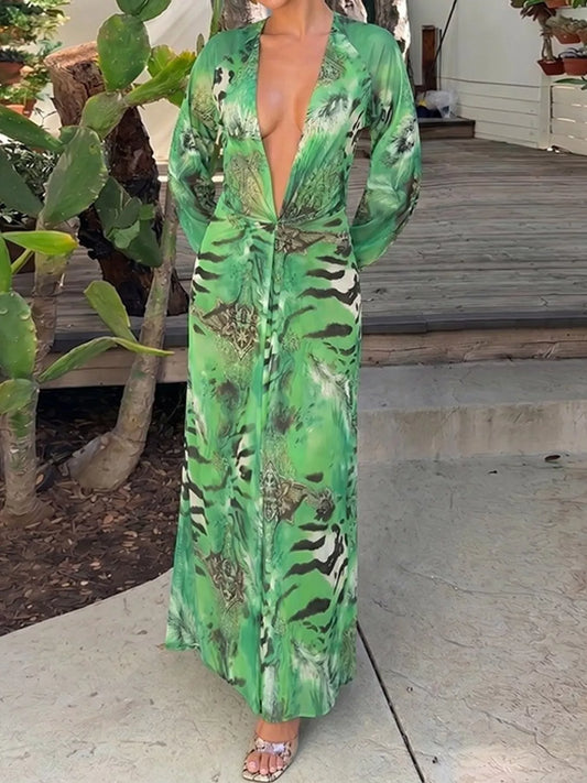 Deep V-Neck Long Sleeve Printed Maxi Dress - Green - View 2