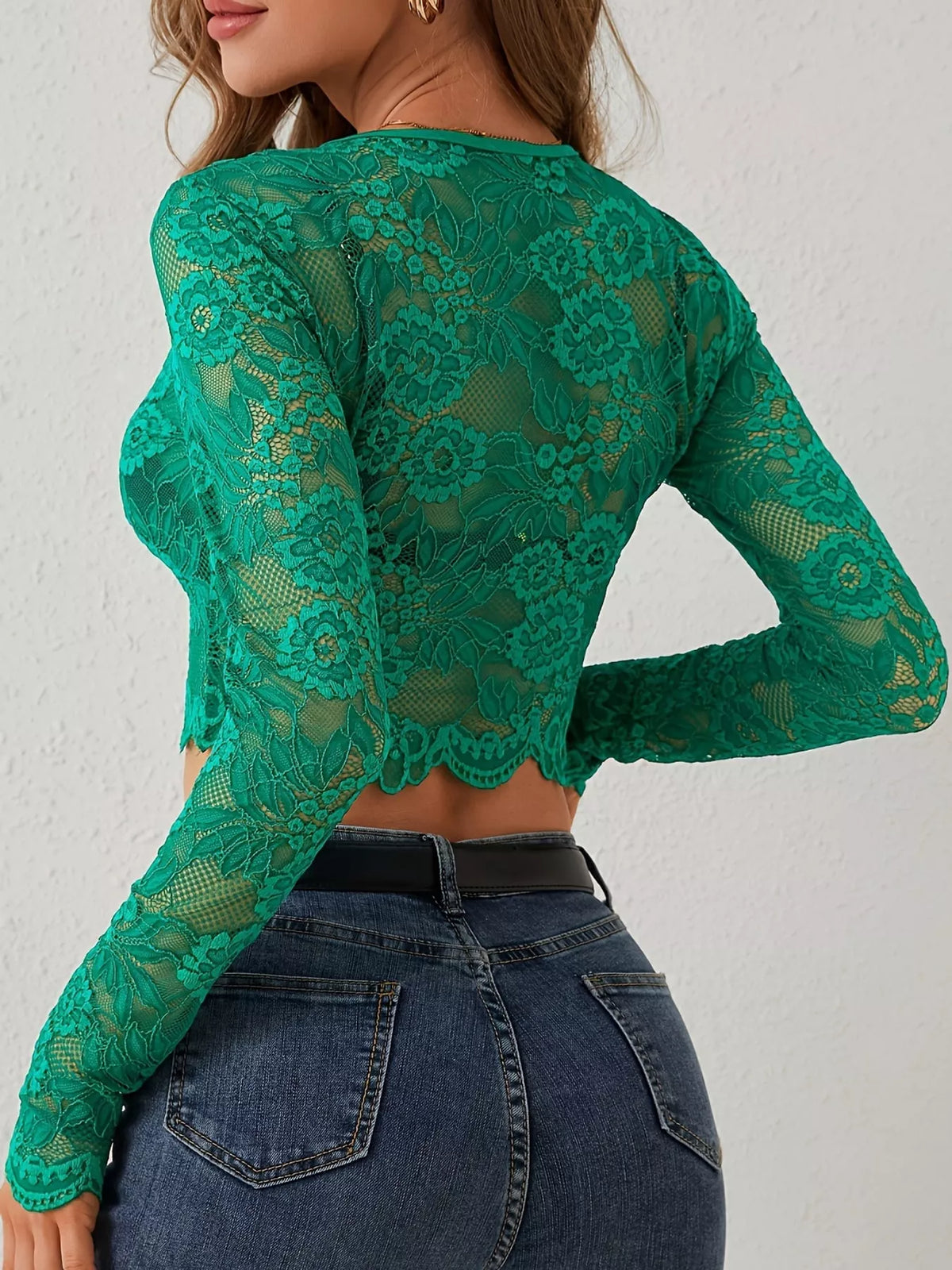 Lace Sheer Long Sleeve Crop T-Shirt - Dark Green - View 3