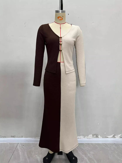 Two-Tone Long Sleeve Top and Maxi Skirt Set - Apricot - View 5