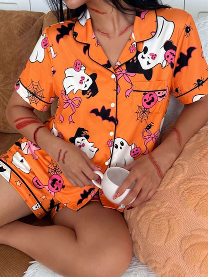 Halloween Ghost Print Button-Down Top and Shorts Lounge Set - Orange - View 2