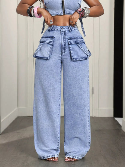 High-Waisted Wide-Leg Cargo Jeans - Blue - View 2