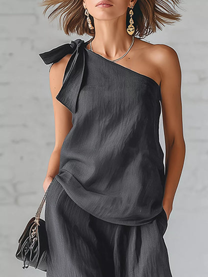 One-Shoulder Bow Tie Top and Wide-Leg Pants Casual Two-Piece Set - Gray - View 2