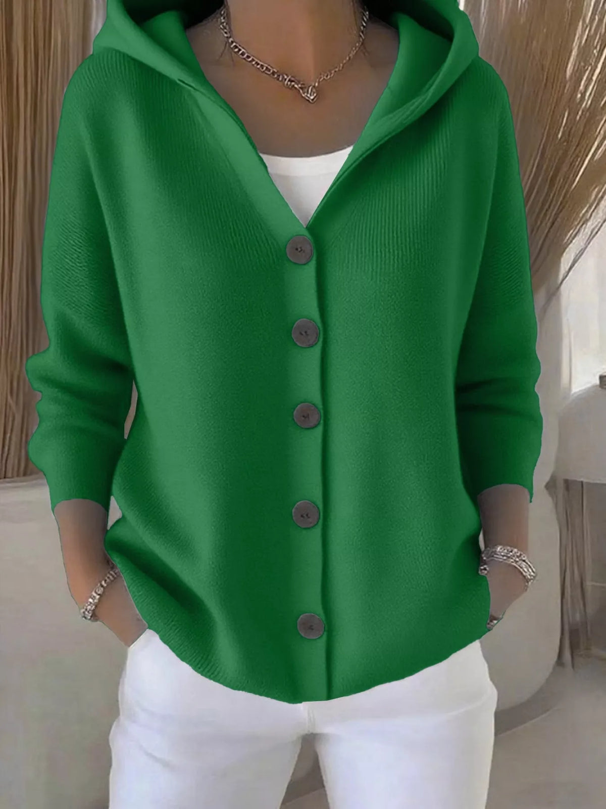 Full Size Hooded Button-Down Knit Cardigan Plus Size - Dark Green - View 15