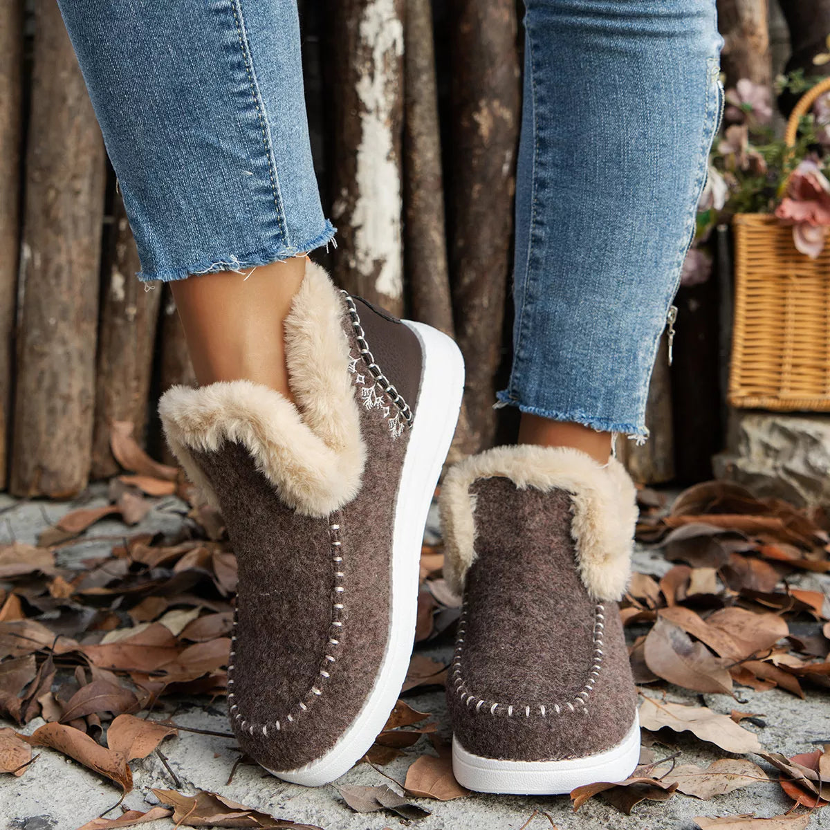 Round Toe Winter Ankle Boots - Coffee Brown - View 8