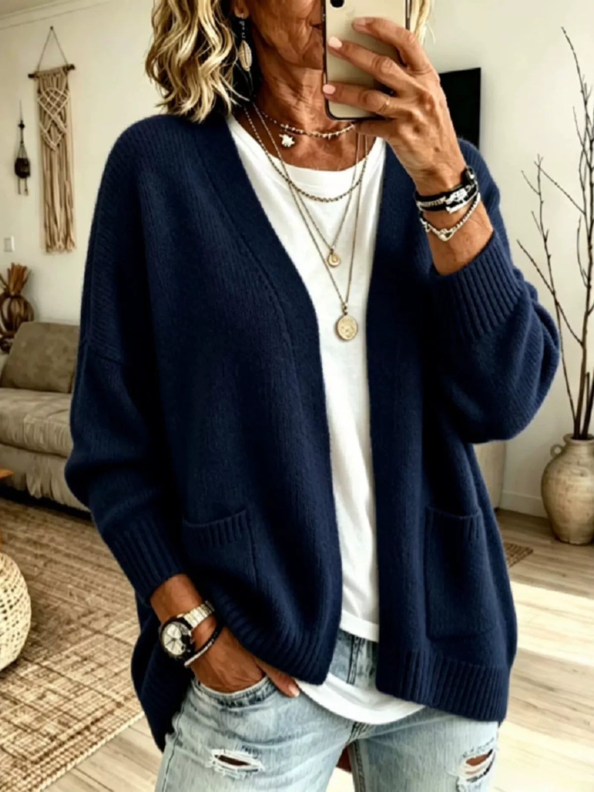 Open Front Knit Cardigan with Pockets - Navy - View 8